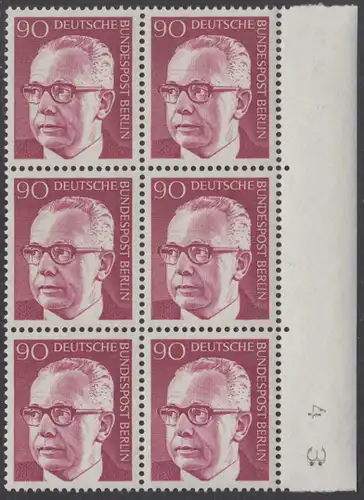 BERLIN 1970 Michel-Nummer 368 postfrisch vert.BLOCK(6) RÄNDER rechts (m/BZ) (a02) - Bundespräsident Dr. Gustav Heinemann