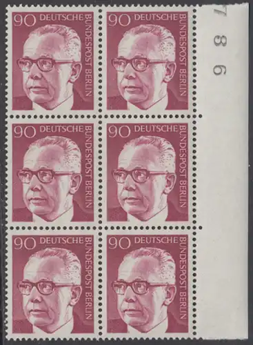 BERLIN 1970 Michel-Nummer 368 postfrisch vert.BLOCK(6) RÄNDER rechts (m/BZ) (a01) - Bundespräsident Dr. Gustav Heinemann