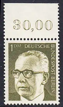 BERLIN 1970 Michel-Nummer 369 postfrisch EINZELMARKE RAND oben (b) - Bundespräsident Dr. Gustav Heinemann