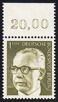 BERLIN 1970 Michel-Nummer 369 postfrisch EINZELMARKE RAND oben (a) - Bundespräsident Dr. Gustav Heinemann