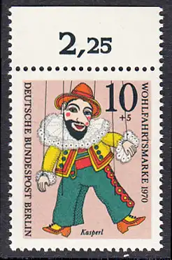 BERLIN 1970 Michel-Nummer 373 postfrisch EINZELMARKE RAND oben (b) - Marionetten: Kasperl