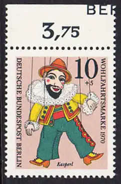 BERLIN 1970 Michel-Nummer 373 postfrisch EINZELMARKE RAND oben (c) - Marionetten: Kasperl