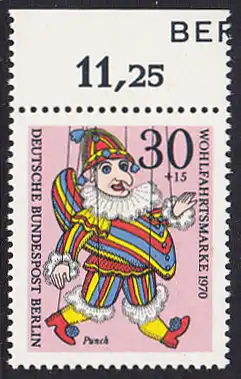 BERLIN 1970 Michel-Nummer 375 postfrisch EINZELMARKE RAND oben (a) - Marionetten: Punch