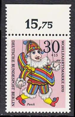 BERLIN 1970 Michel-Nummer 375 postfrisch EINZELMARKE RAND oben (b) - Marionetten: Punch