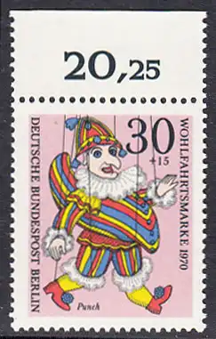 BERLIN 1970 Michel-Nummer 375 postfrisch EINZELMARKE RAND oben (c) - Marionetten: Punch