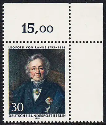 BERLIN 1970 Michel-Nummer 377 postfrisch EINZELMARKE ECKRAND oben rechts - Leopold von Ranke, Historiker