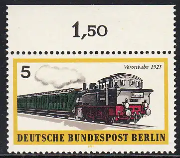 BERLIN 1971 Michel-Nummer 379 postfrisch EINZELMARKE RAND oben (a) - Berliner Verkehrsmittel: Schienenfahrzeuge, Vorortbahn