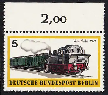 BERLIN 1971 Michel-Nummer 379 postfrisch EINZELMARKE RAND oben (b) - Berliner Verkehrsmittel: Schienenfahrzeuge, Vorortbahn