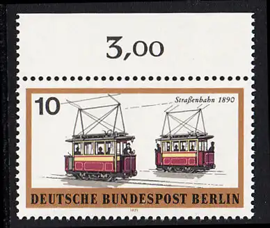 BERLIN 1971 Michel-Nummer 380 postfrisch EINZELMARKE RAND oben (a) - Berliner Verkehrsmittel: Schienenfahrzeuge, Straßenbahn