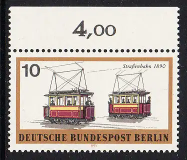 BERLIN 1971 Michel-Nummer 380 postfrisch EINZELMARKE RAND oben (b) - Berliner Verkehrsmittel: Schienenfahrzeuge, Straßenbahn