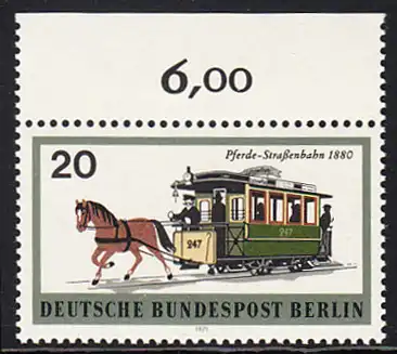 BERLIN 1971 Michel-Nummer 381 postfrisch EINZELMARKE RAND oben (a) - Berliner Verkehrsmittel: Schienenfahrzeuge, Pferde-Straßenbahn