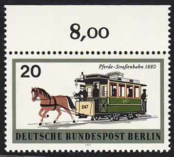 BERLIN 1971 Michel-Nummer 381 postfrisch EINZELMARKE RAND oben (b) - Berliner Verkehrsmittel: Schienenfahrzeuge, Pferde-Straßenbahn