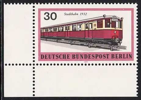 BERLIN 1971 Michel-Nummer 382 postfrisch EINZELMARKE ECKRAND unten links - Berliner Verkehrsmittel: Schienenfahrzeuge, U-Bahn