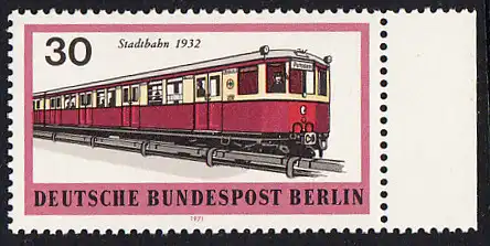 BERLIN 1971 Michel-Nummer 382 postfrisch EINZELMARKE RAND rechts - Berliner Verkehrsmittel: Schienenfahrzeuge, U-Bahn