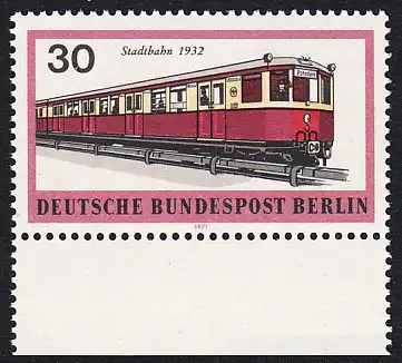 BERLIN 1971 Michel-Nummer 382 postfrisch EINZELMARKE RAND unten - Berliner Verkehrsmittel: Schienenfahrzeuge, U-Bahn