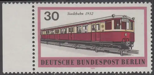 BERLIN 1971 Michel-Nummer 382 postfrisch EINZELMARKE RAND links - Berliner Verkehrsmittel: Schienenfahrzeuge, U-Bahn