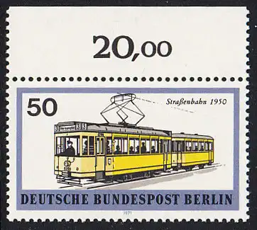 BERLIN 1971 Michel-Nummer 383 postfrisch EINZELMARKE RAND oben (b) - Berliner Verkehrsmittel: Schienenfahrzeuge, Straßenbahn