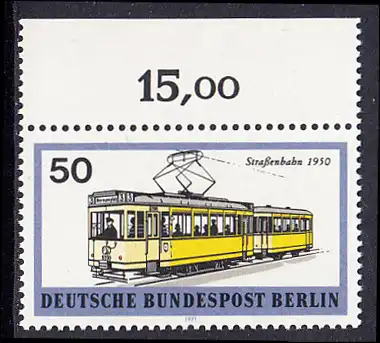 BERLIN 1971 Michel-Nummer 383 postfrisch EINZELMARKE RAND oben (a) - Berliner Verkehrsmittel: Schienenfahrzeuge, Straßenbahn