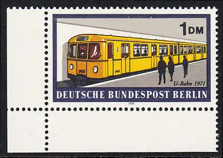 BERLIN 1971 Michel-Nummer 384 postfrisch EINZELMARKE ECKRAND unten links - Berliner Verkehrsmittel: Schienenfahrzeuge, U-Bahn
