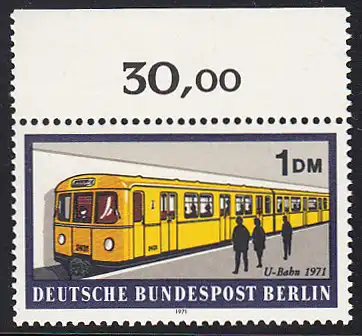 BERLIN 1971 Michel-Nummer 384 postfrisch EINZELMARKE RAND oben (a) - Berliner Verkehrsmittel: Schienenfahrzeuge, U-Bahn