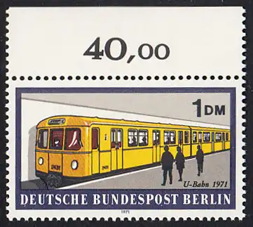BERLIN 1971 Michel-Nummer 384 postfrisch EINZELMARKE RAND oben (b) - Berliner Verkehrsmittel: Schienenfahrzeuge, U-Bahn