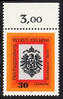 BERLIN 1971 Michel-Nummer 385 postfrisch EINZELMARKE RAND oben (a) - Jahrestag der Reichsgründung