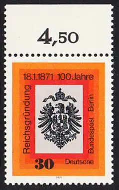 BERLIN 1971 Michel-Nummer 385 postfrisch EINZELMARKE RAND oben (b) - Jahrestag der Reichsgründung