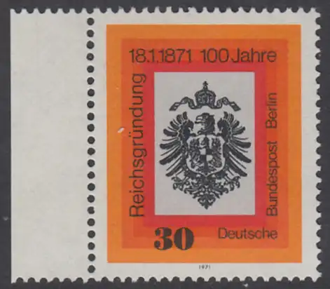 BERLIN 1971 Michel-Nummer 385 postfrisch EINZELMARKE RAND links - Jahrestag der Reichsgründung