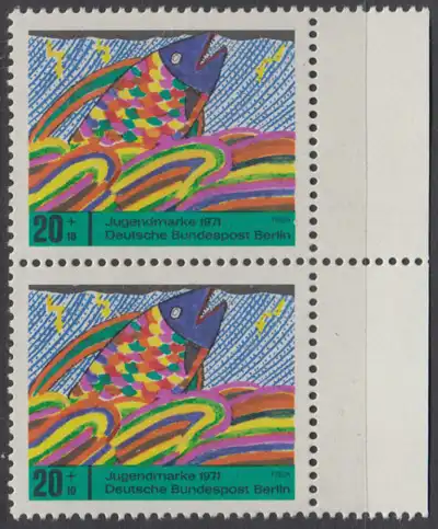 BERLIN 1971 Michel-Nummer 387 postfrisch vert.PAAR RAND rechts - Kinderzeichnungen, Fisch