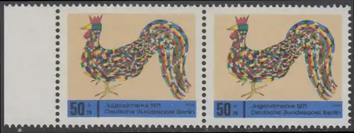 BERLIN 1971 Michel-Nummer 389 postfrisch horiz.PAAR RAND links - Kinderzeichnungen, Hahn