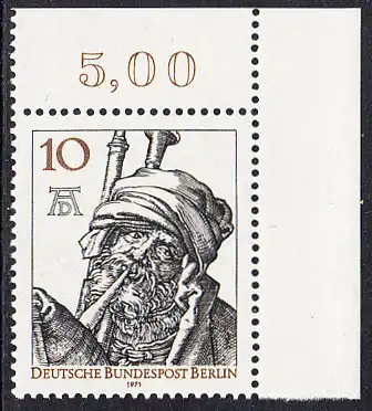 BERLIN 1971 Michel-Nummer 390 postfrisch EINZELMARKE ECKRAND oben rechts (b) - Albrecht Dürer, Maler und Grafiker