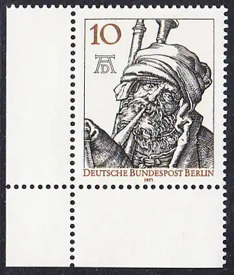 BERLIN 1971 Michel-Nummer 390 postfrisch EINZELMARKE ECKRAND unten links - Albrecht Dürer, Maler und Grafiker