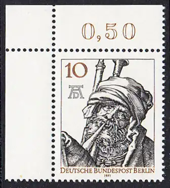 BERLIN 1971 Michel-Nummer 390 postfrisch EINZELMARKE ECKRAND oben links - Albrecht Dürer, Maler und Grafiker