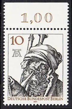 BERLIN 1971 Michel-Nummer 390 postfrisch EINZELMARKE RAND oben (a) - Albrecht Dürer, Maler und Grafiker