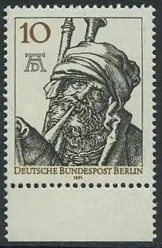 BERLIN 1971 Michel-Nummer 390 postfrisch EINZELMARKE RAND unten - Albrecht Dürer, Maler und Grafiker