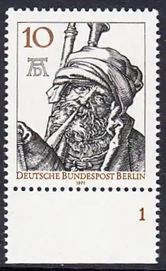 BERLIN 1971 Michel-Nummer 390 postfrisch EINZELMARKE RAND unten (FN) - Albrecht Dürer, Maler und Grafiker