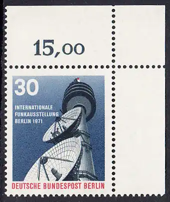 BERLIN 1971 Michel-Nummer 391 postfrisch EINZELMARKE ECKRAND oben rechts - Internationale Funksausstellung (IFA), Berlin