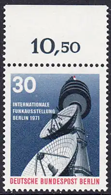 BERLIN 1971 Michel-Nummer 391 postfrisch EINZELMARKE RAND oben - Internationale Funksausstellung (IFA), Berlin