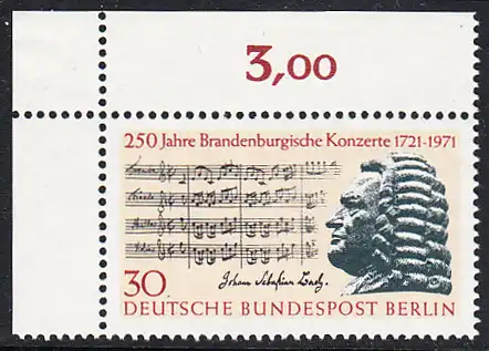 BERLIN 1971 Michel-Nummer 392 postfrisch EINZELMARKE ECKRAND oben links - Brandenburgische Konzerte / Johann Sebastian Bach, Komponist