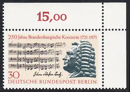 BERLIN 1971 Michel-Nummer 392 postfrisch EINZELMARKE ECKRAND oben rechts (a) - Brandenburgische Konzerte / Johann Sebastian Bach, Komponist