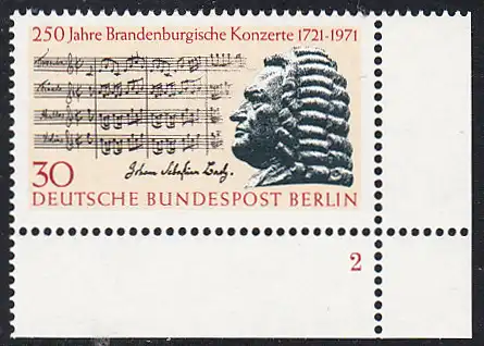 BERLIN 1971 Michel-Nummer 392 postfrisch EINZELMARKE ECKRAND unten rechts - Brandenburgische Konzerte / Johann Sebastian Bach, Komponist