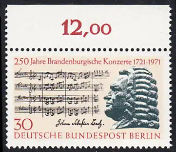 BERLIN 1971 Michel-Nummer 392 postfrisch EINZELMARKE RAND oben (b) - Brandenburgische Konzerte / Johann Sebastian Bach, Komponist