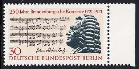 BERLIN 1971 Michel-Nummer 392 postfrisch EINZELMARKE RAND rechts - Brandenburgische Konzerte / Johann Sebastian Bach, Komponist