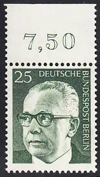 BERLIN 1971 Michel-Nummer 393 postfrisch EINZELMARKE RAND oben (a) - Bundespräsident Dr. Gustav Heinemann