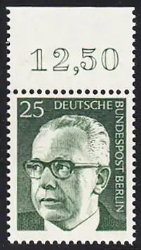 BERLIN 1971 Michel-Nummer 393 postfrisch EINZELMARKE RAND oben (c) - Bundespräsident Dr. Gustav Heinemann