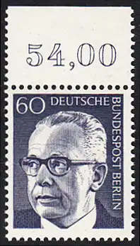 BERLIN 1971 Michel-Nummer 394 postfrisch EINZELMARKE RAND oben - Bundespräsident Dr. Gustav Heinemann