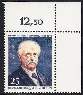 BERLIN 1971 Michel-Nummer 401 postfrisch EINZELMARKE ECKRAND oben rechts - Hermann von Helmholtz, Physiker