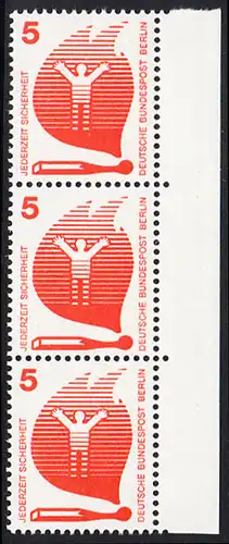 BERLIN 1971 Michel-Nummer 402 postfrisch vert.STRIP(3) RAND rechts - Unfallverhütung: Brand durch Streichholz