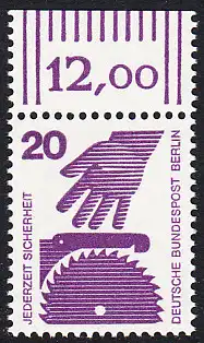 BERLIN 1971 Michel-Nummer 404 postfrisch EINZELMARKE RAND oben (d) - Unfallverhütung: Kreissäge