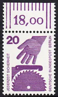 BERLIN 1971 Michel-Nummer 404 postfrisch EINZELMARKE RAND oben (g) - Unfallverhütung: Kreissäge